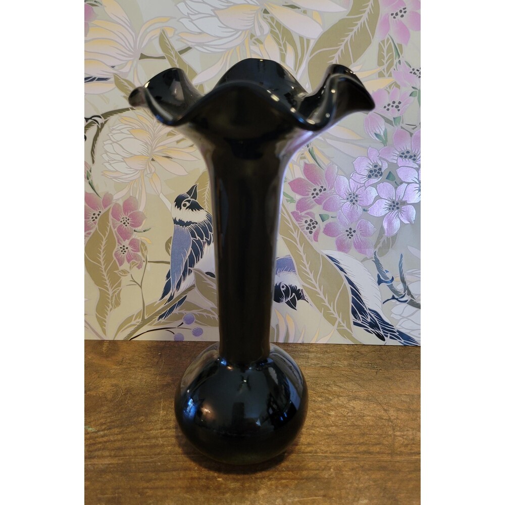 Twos Company Black Amethyst Hand Blown Glass Ruffle Vase - 1980s